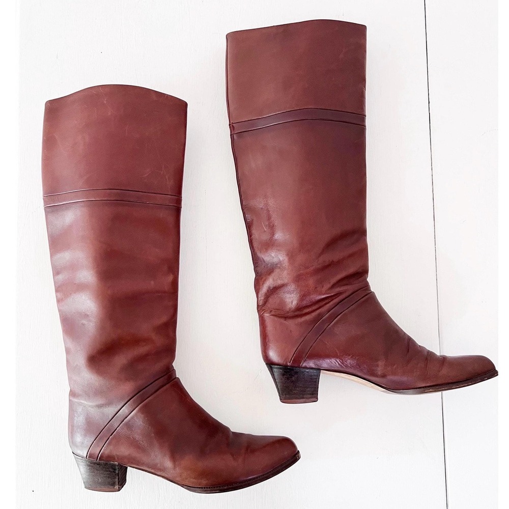 SIZE 7 Narrow Leather Riding Boots 1980s Reddish Brown